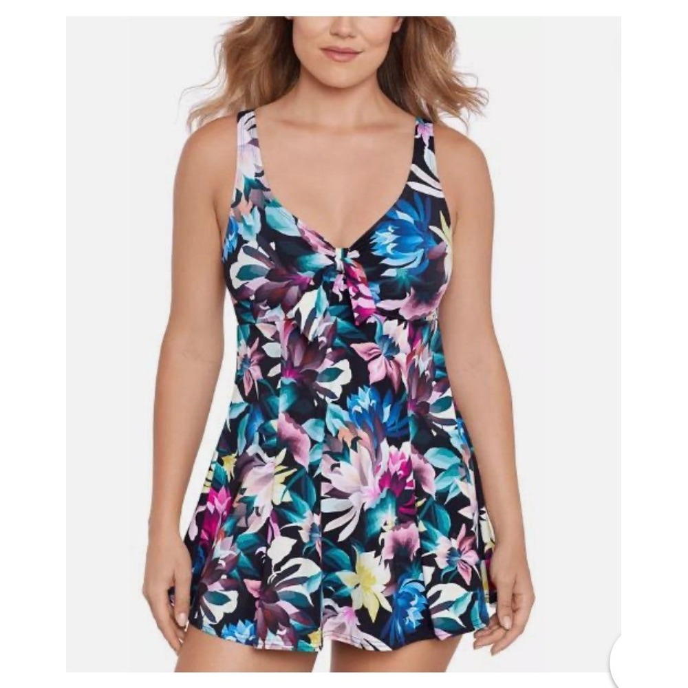 Swim Solutions Floral Bow Front Swim Dress Black Multi One Piece 8006289 Size 12